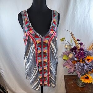 Area del Carmen Boho Embroidered Tank Top M Tribal V Neck Sleeveless